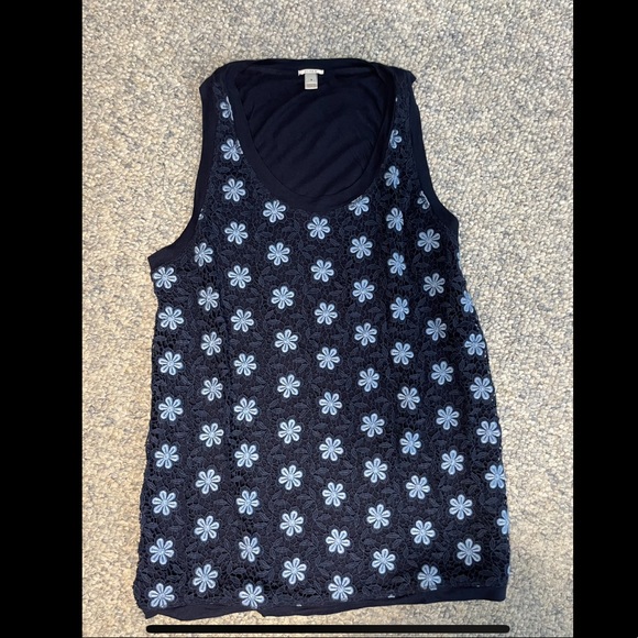 J. Crew Small Womens Tank Top Blue Flower Crochet Scoop Neck Preppy Shell A30 - Picture 1 of 7